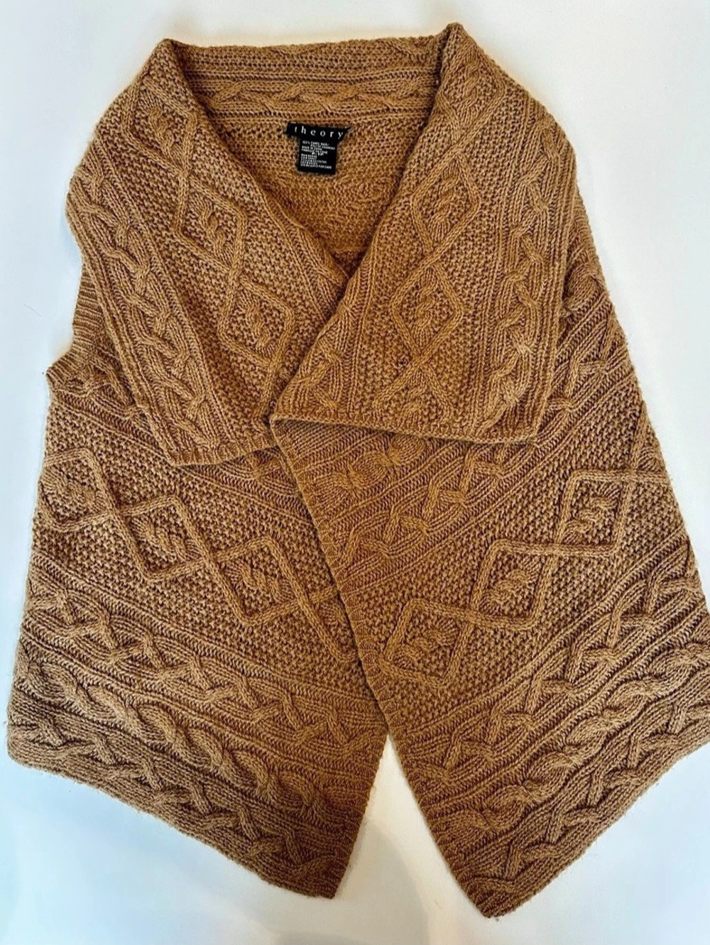 Theory 100% Camel Hair Cable Knit Wrap Poncho Vest Camel P